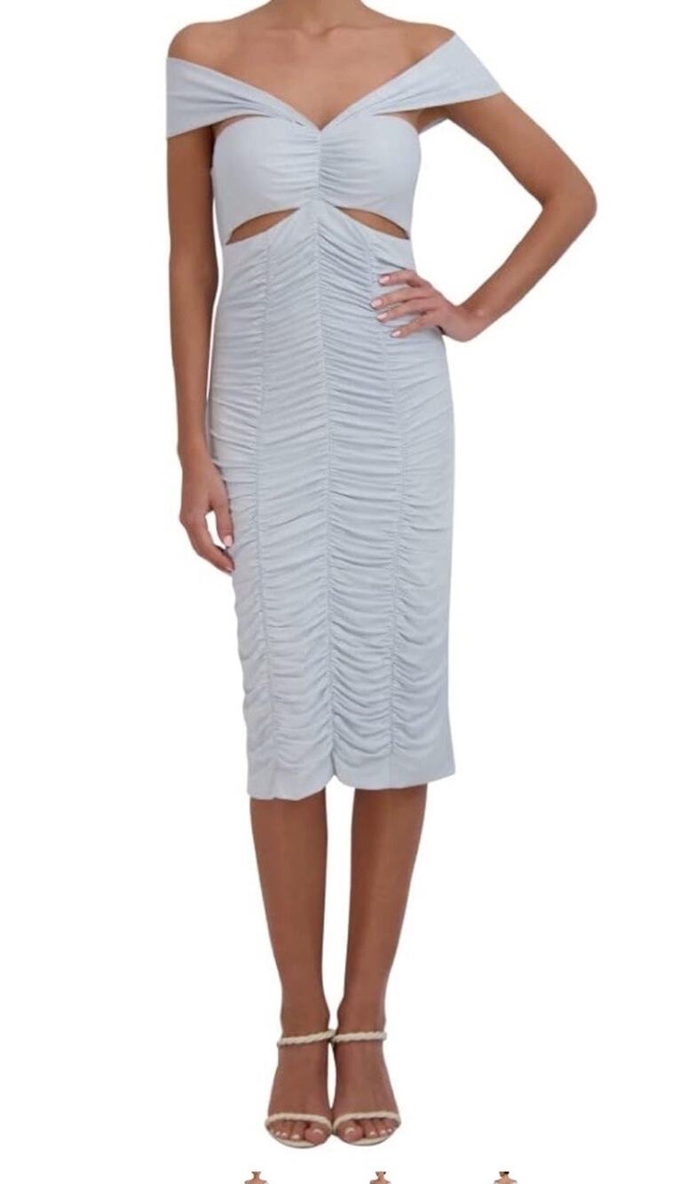 New BCBGMAXAZRIA Women’s Dress Off The Shoulder Midi Cut Out Baby Blue Size L